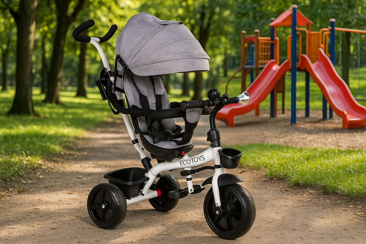 Trīsritenis ar 360° grozāmu sēdekli un jumtiņu, pelēks | EcoToys