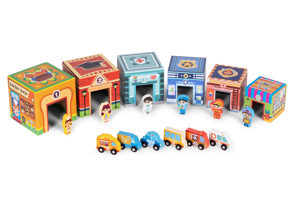 Piramīda – pilsētas tornis ar figūrām un transportlīdzekļiem, 18 gab. | EcoToys