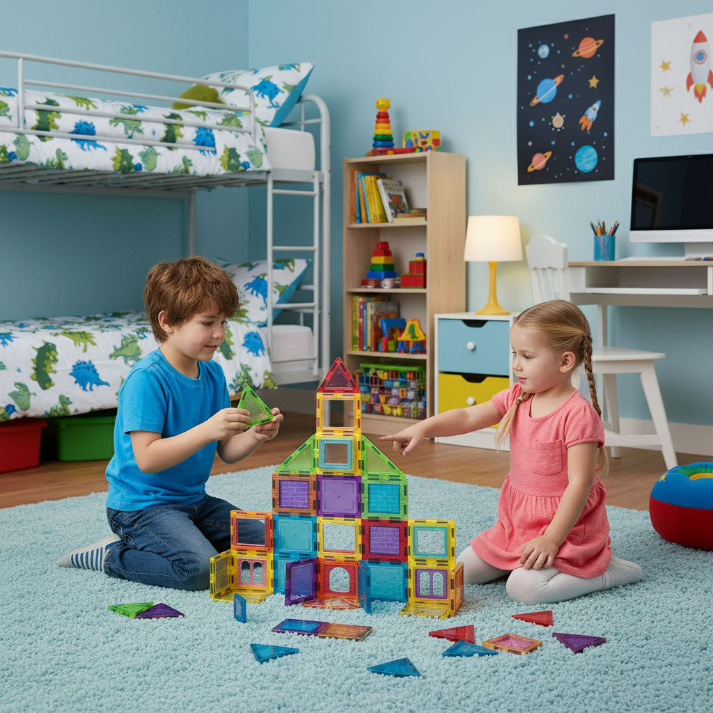 Magnētiskais konstruktors “Māja, mašīna un piekabe”, 130 gab. | EcoToys