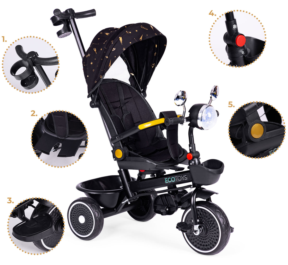 Trīsritenis – ratiņi ar grozāmu sēdekli un stumšanas rokturi, melns | EcoToys