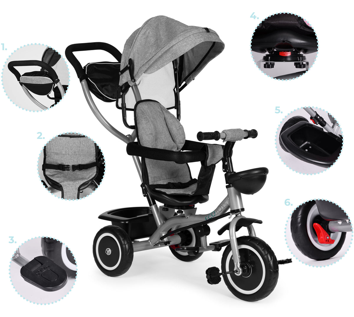 Trīsritenis – ratiņi 2in1 ar grozāmu sēdekli un saliekamu jumtiņu, pelēks | EcoToys
