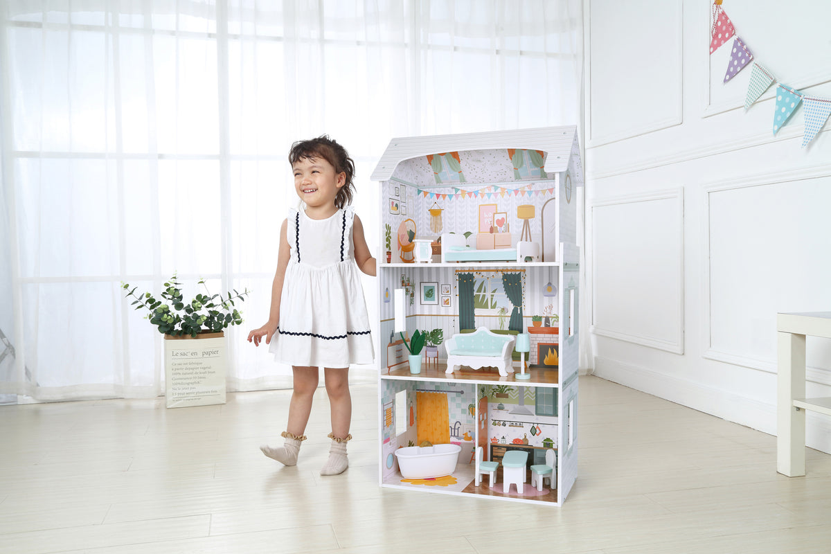 Leļļu māja “Alice” – 3 stāvi, 4 istabas, 9 mēbeles | EcoToys