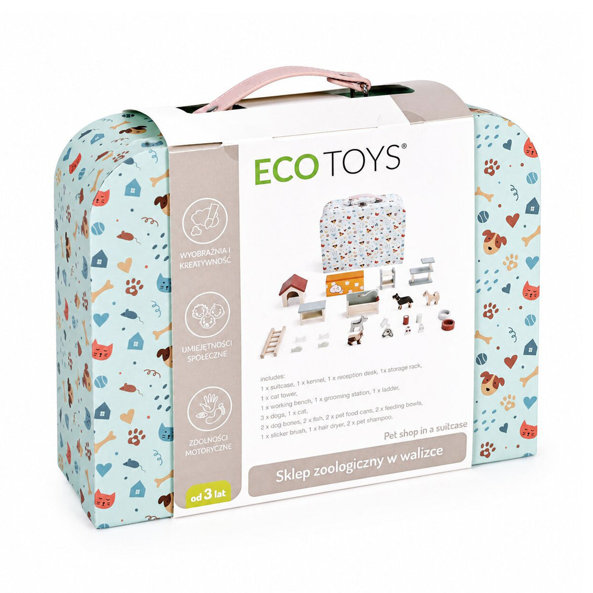 Mājdzīvnieku veikals koferī – divstāvu, koka mēbeles, 23 piederumi | EcoToys