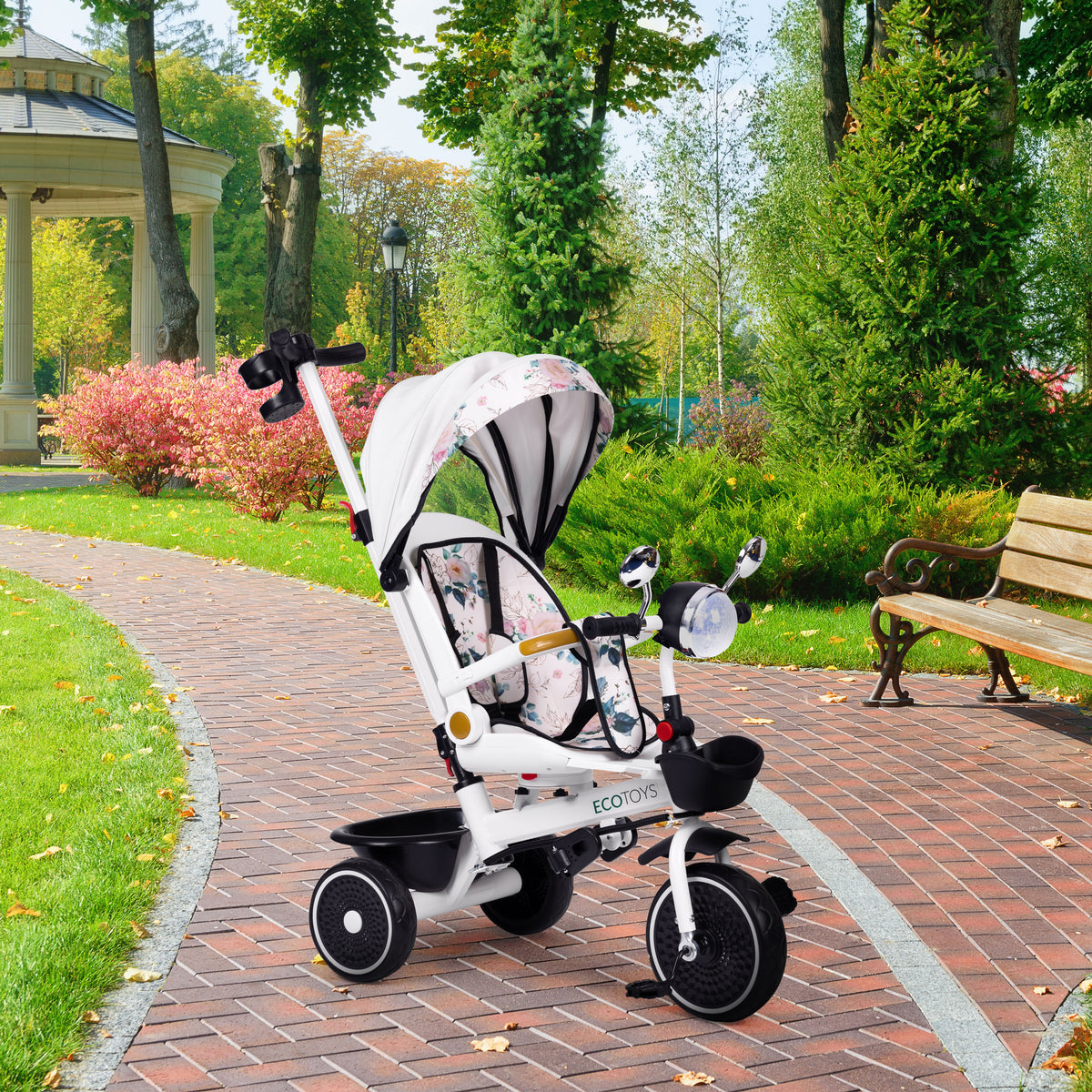 Trīsritenis – ratiņi ar grozāmu sēdekli, stumšanas rokturi un jumtiņu | EcoToys