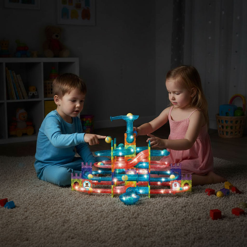 Magnētiskais konstruktors ar LED – bumbiņu trase, 166 gab. | EcoToys