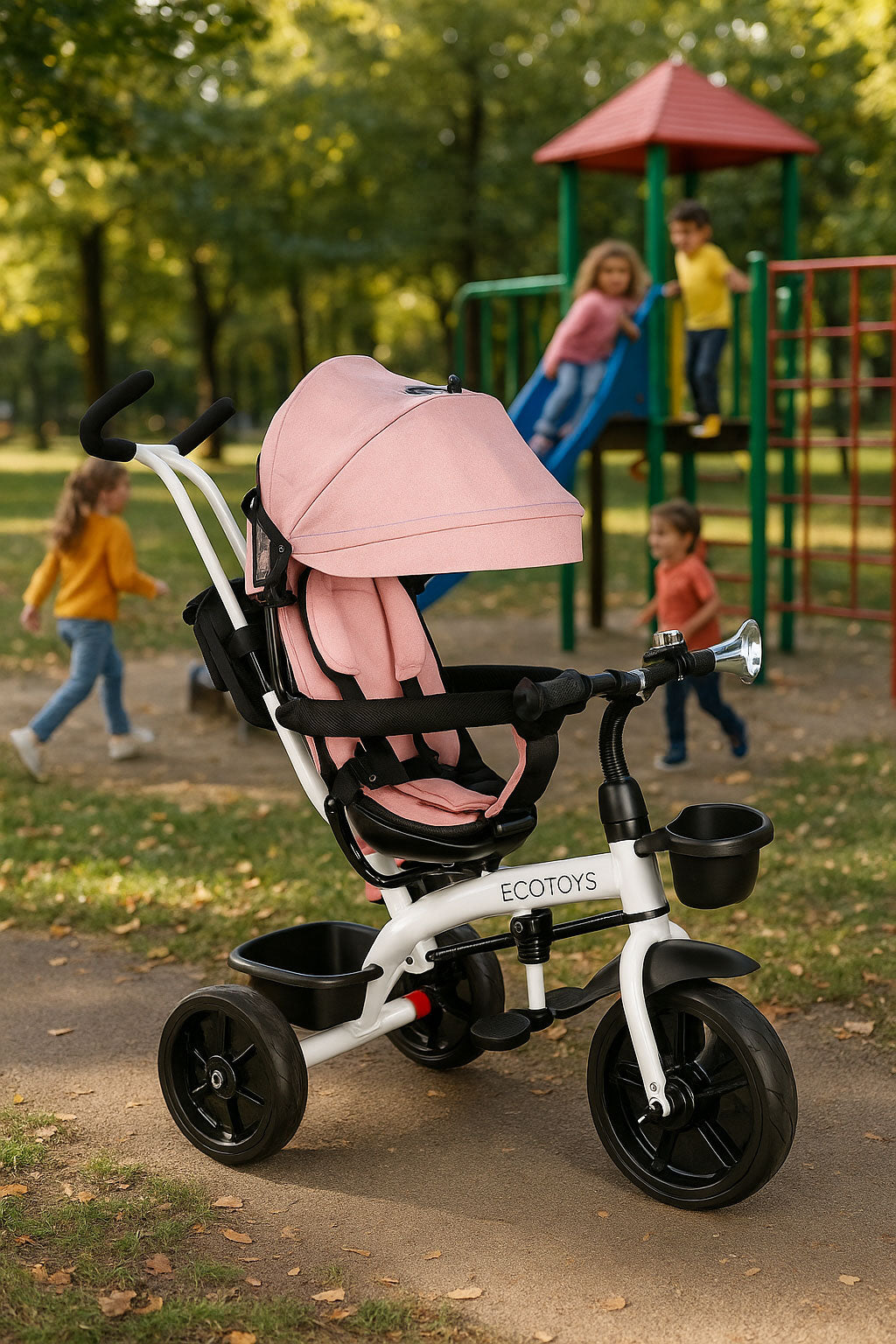 Trīsritenis – ratiņi ar 360° grozāmu sēdekli, rozā | EcoToys