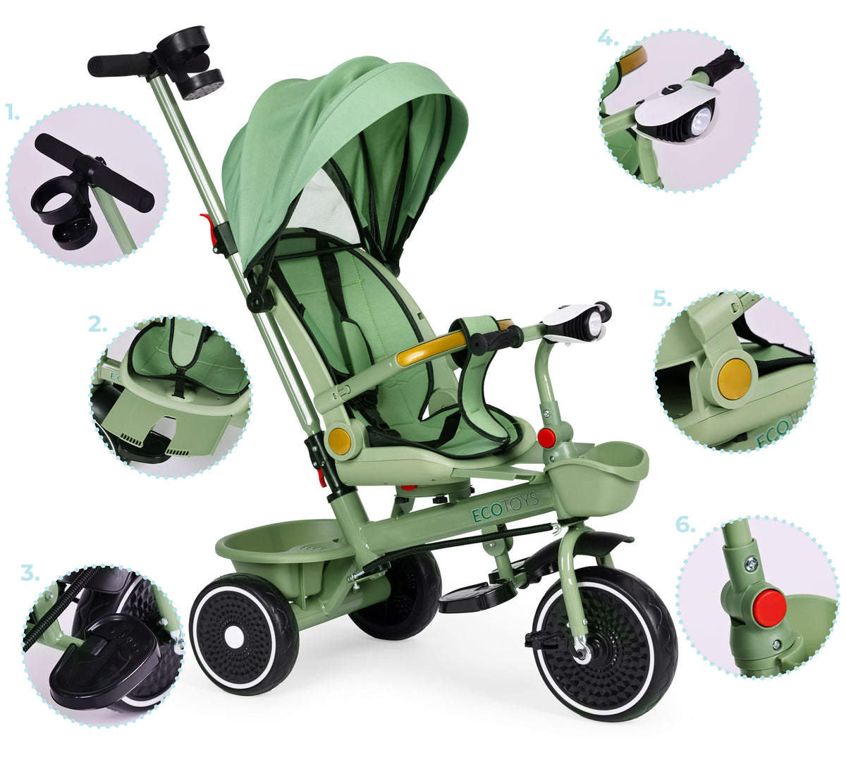 Trīsritenis – ratiņi 2in1 ar grozāmu sēdekli un saliekamu jumtiņu, zaļš | EcoToys