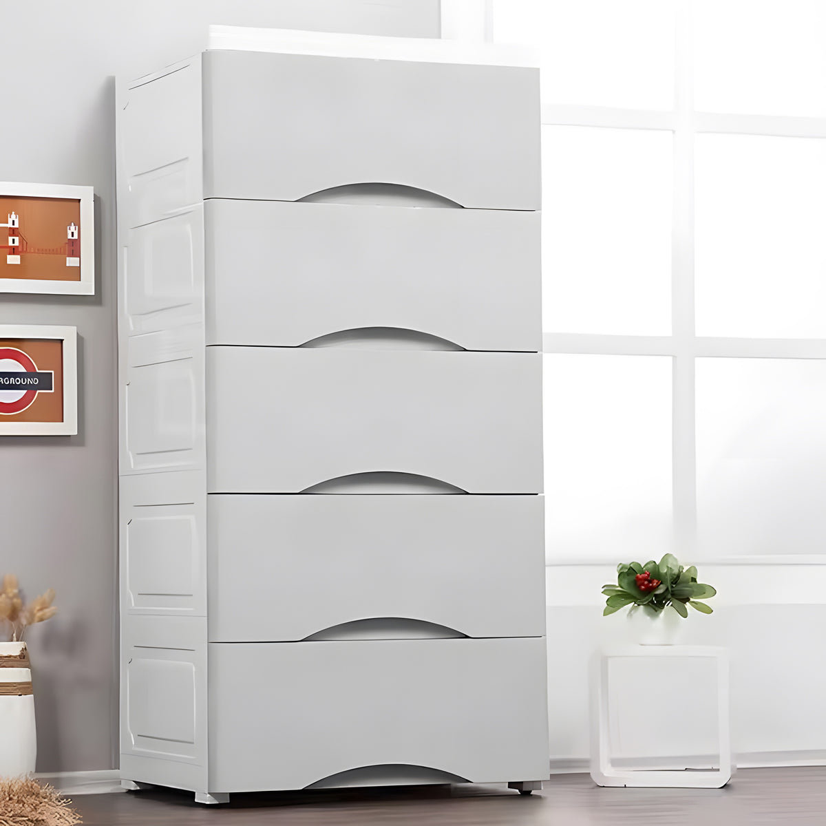 Plaukts ar 5 izvelkamām atvilktnēm uz ritenīšiem, pelēks ModernHome | EcoToys