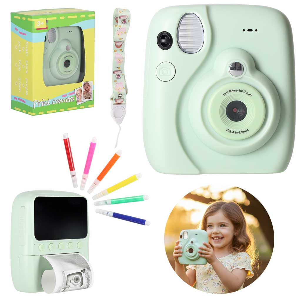 Bērnu momentfoto kamera ar drukāšanu, atmiņas karti un marķieriem, zaļa | EcoToys