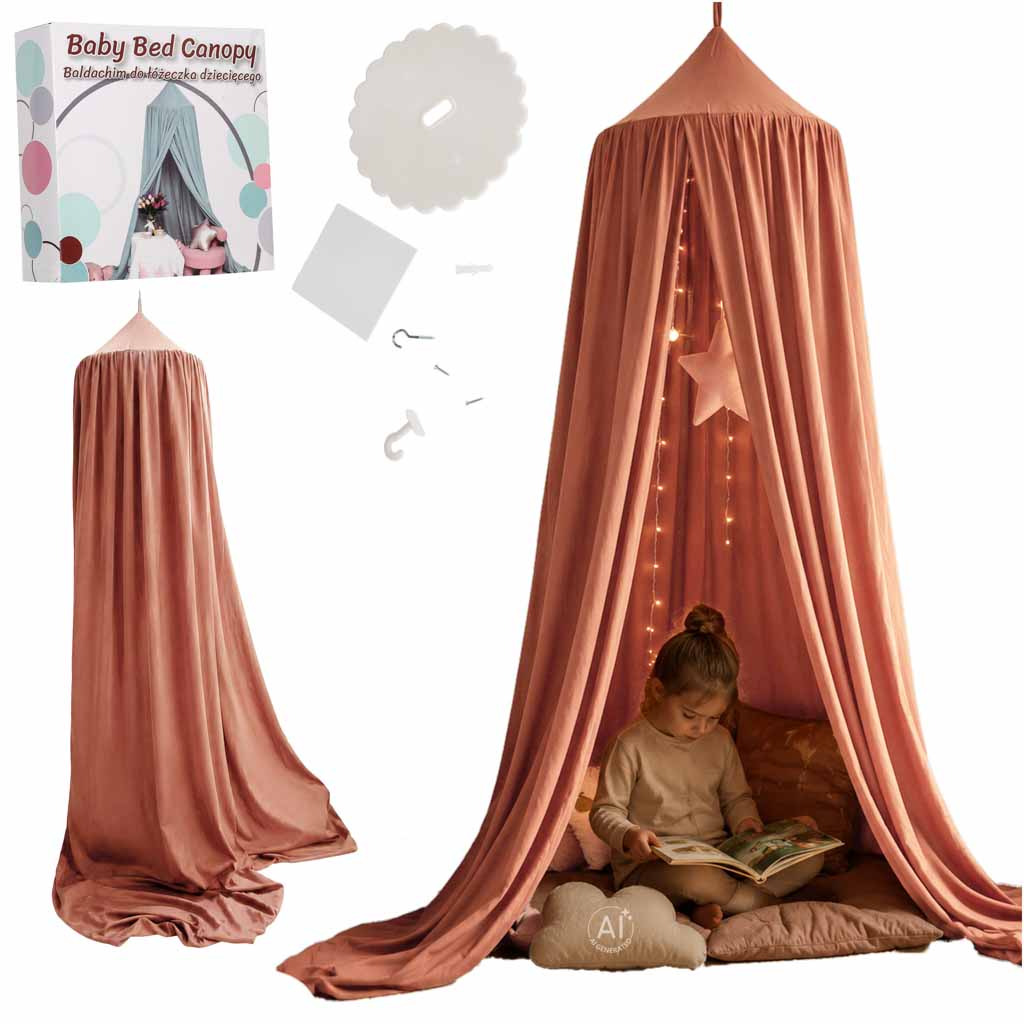Bērnu baldahīns gultiņai – aizkars, telts, tipi, piekaramais, tumši rozā | EcoToys