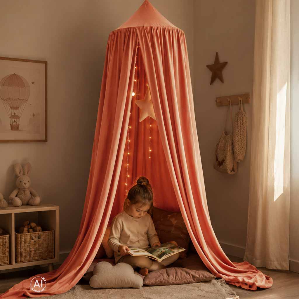 Bērnu baldahīns gultiņai – aizkars, telts, tipi, piekaramais, tumši rozā | EcoToys