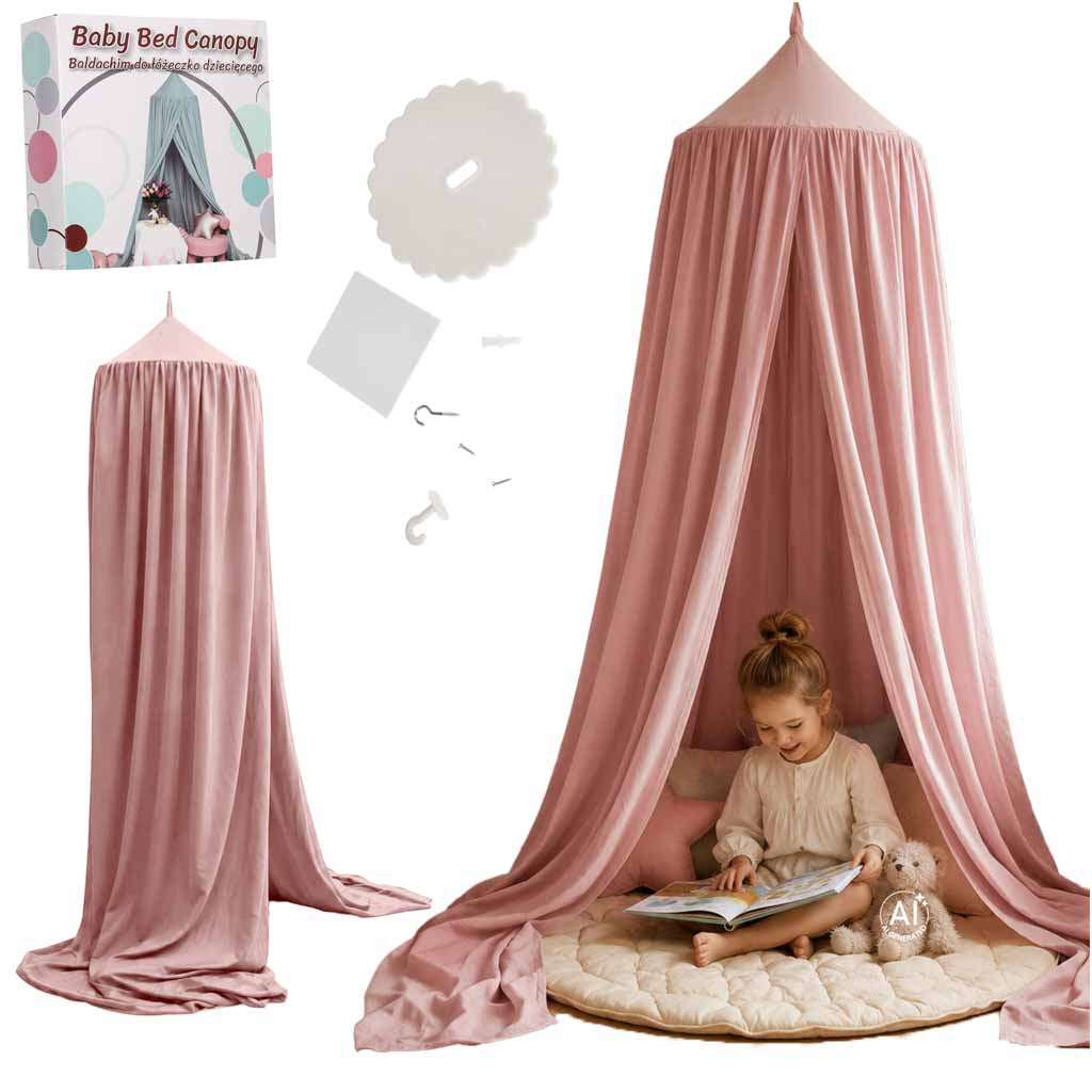 Bērnu baldahīns gultiņai – aizkars, telts, tipi, piekaramais, gaiši rozā | EcoToys