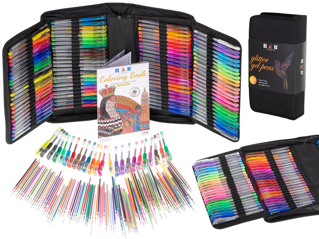 Gēla pildspalvu komplekts futrālī, 120 gab. + 120 uzpildes + krāsojamā grāmata | EcoToys