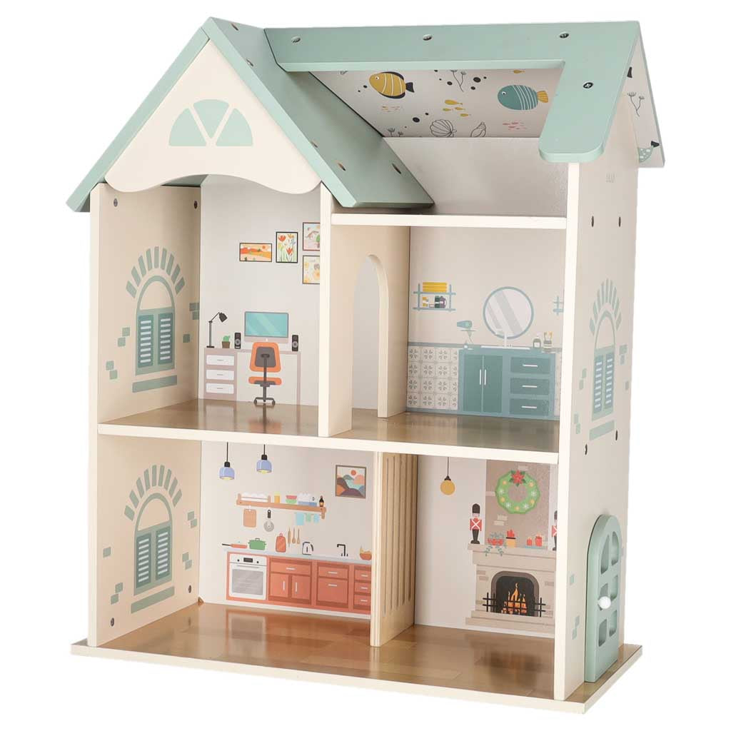 LULILO koka lellu mājiņa ar mēbelēm un figūriņām, 56 cm, piparmētru krāsā | EcoToys
