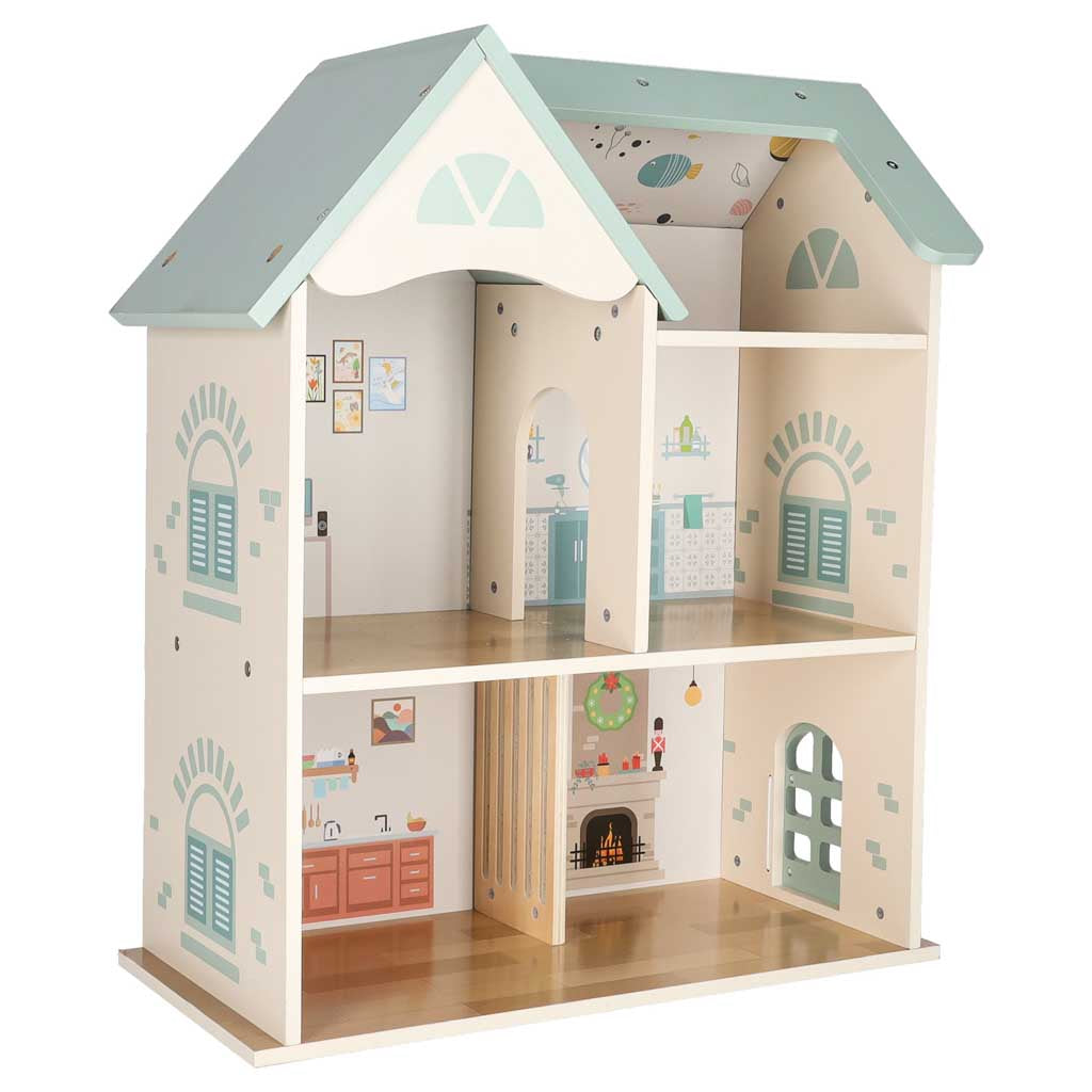 LULILO koka lellu mājiņa ar mēbelēm un figūriņām, 56 cm, piparmētru krāsā | EcoToys