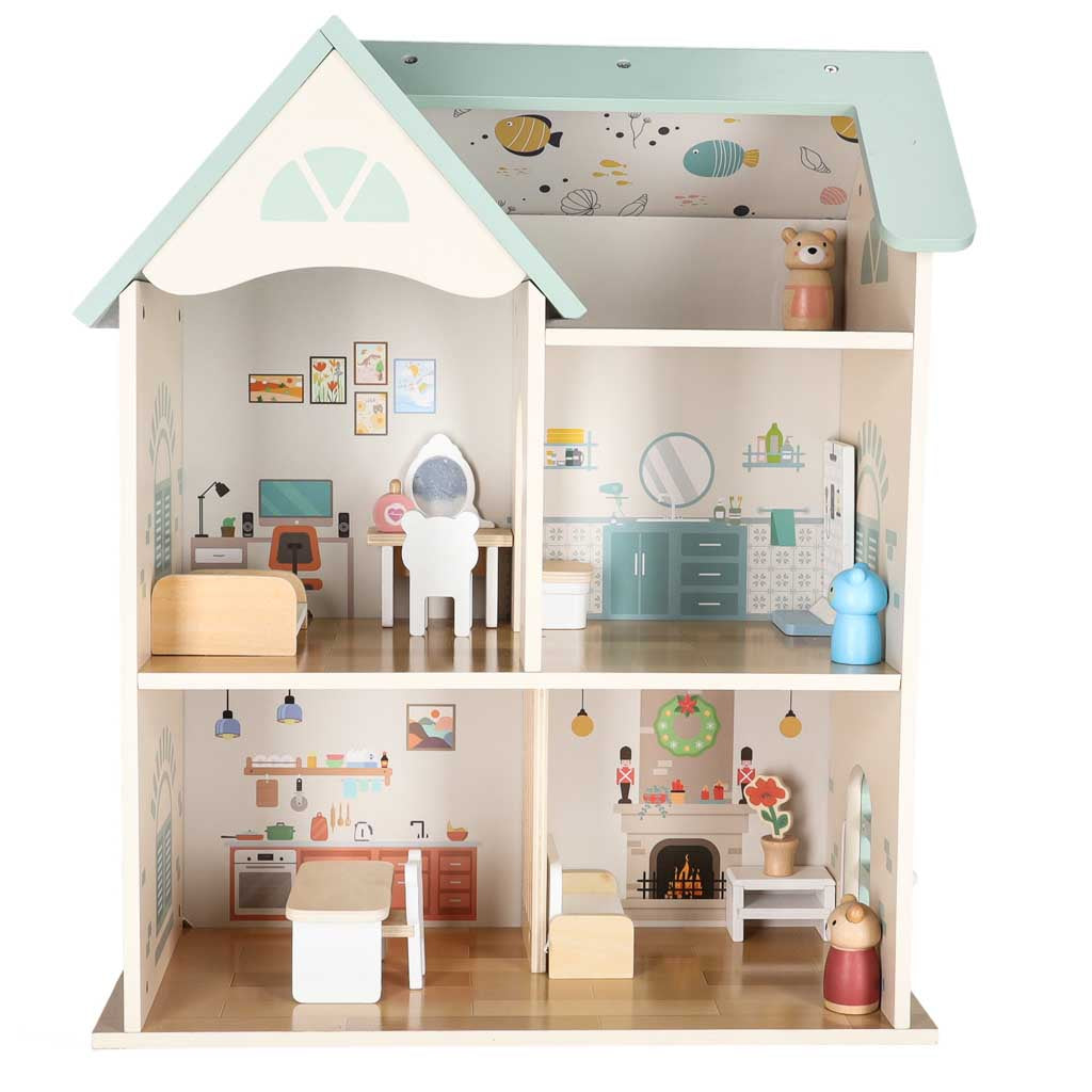 LULILO koka lellu mājiņa ar mēbelēm un figūriņām, 56 cm, piparmētru krāsā | EcoToys