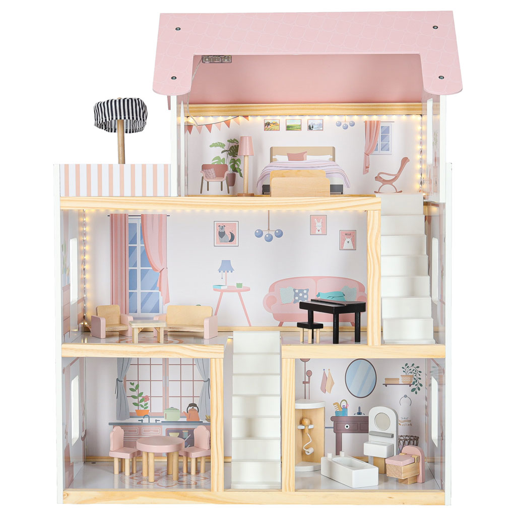 Koka leļļu mājas mēbeles 80cm rozā LED | EcoToys