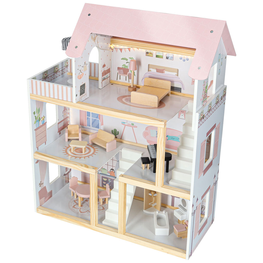 Koka leļļu mājas mēbeles 80cm rozā LED | EcoToys