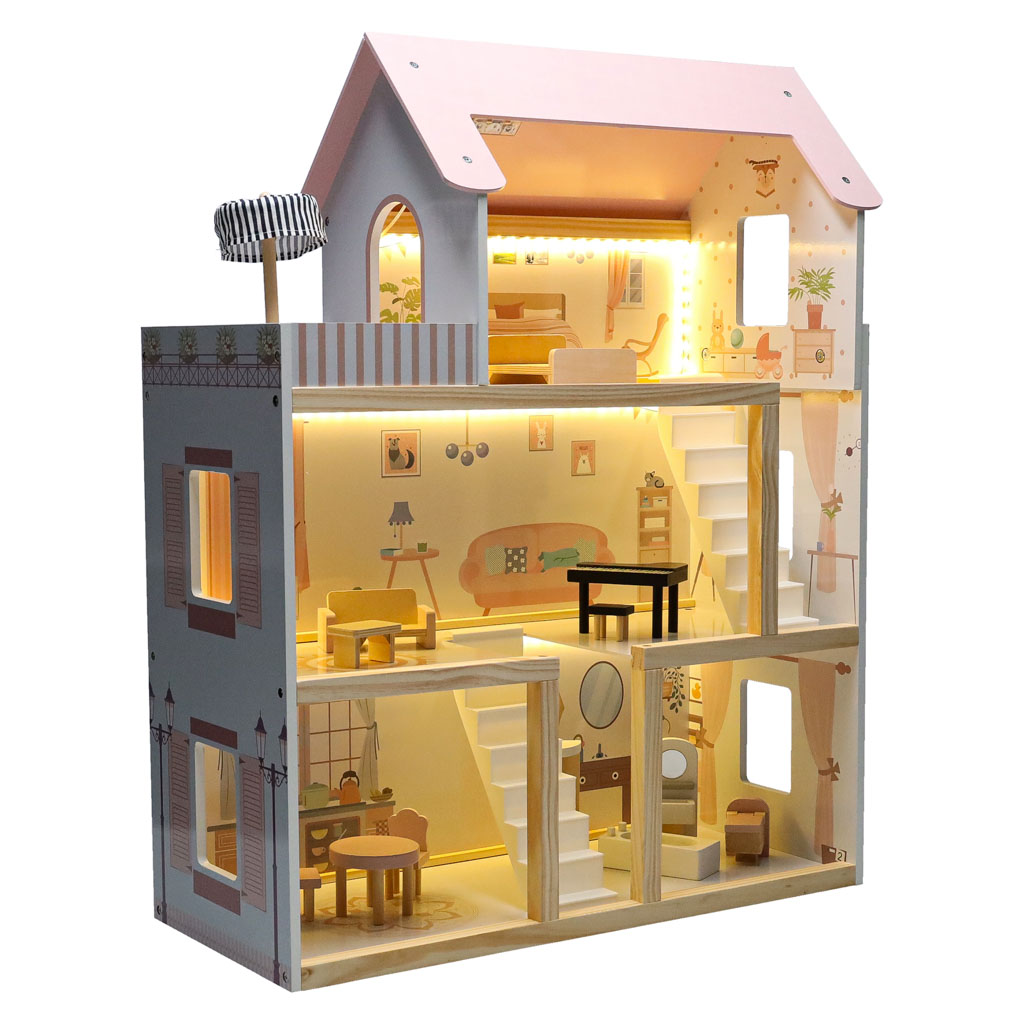 Koka leļļu mājas mēbeles 80cm rozā LED | EcoToys