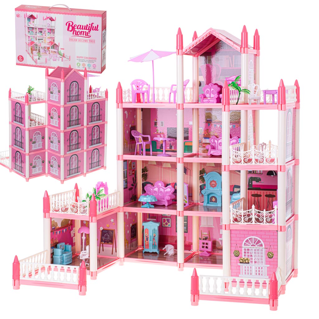 Leļļu māja villa rozā DIY 4 līmeņu mēbeles | EcoToys