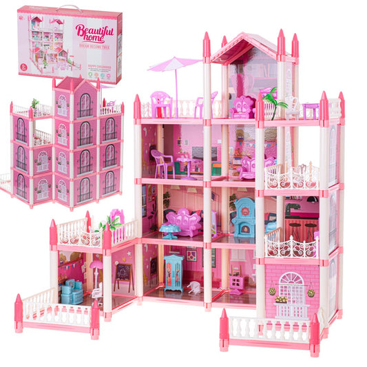 Leļļu māja villa rozā DIY 4 līmeņu mēbeles | EcoToys