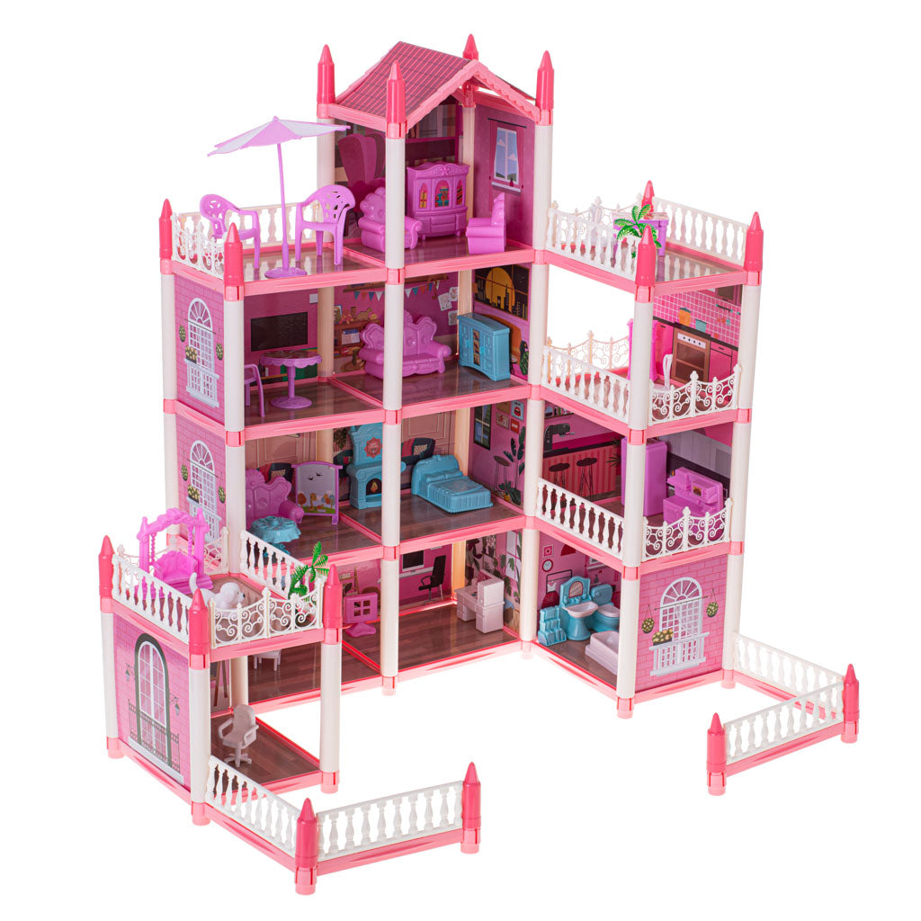 Leļļu māja villa rozā DIY 4 līmeņu mēbeles | EcoToys