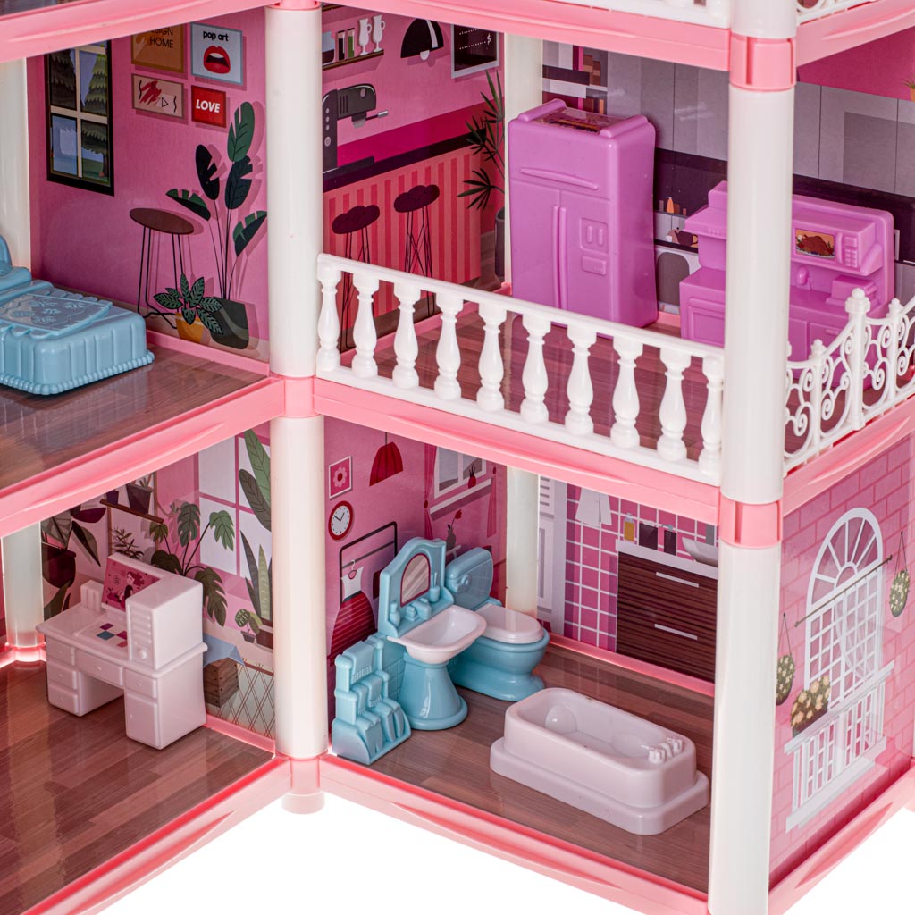 Leļļu māja villa rozā DIY 4 līmeņu mēbeles | EcoToys