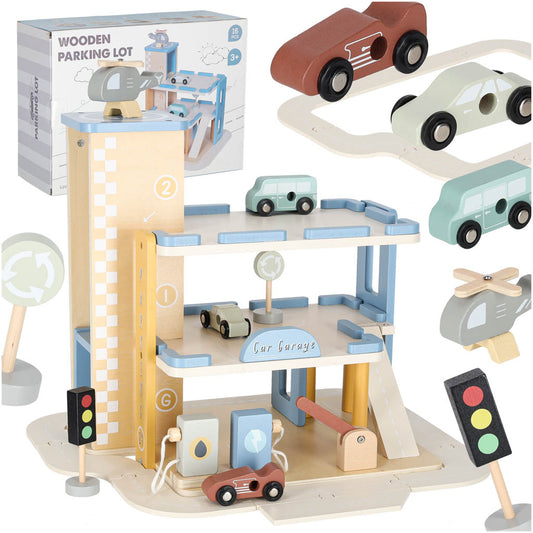 Koka garāža autostāvvieta divstāvu degvielas uzpildes stacija | EcoToys