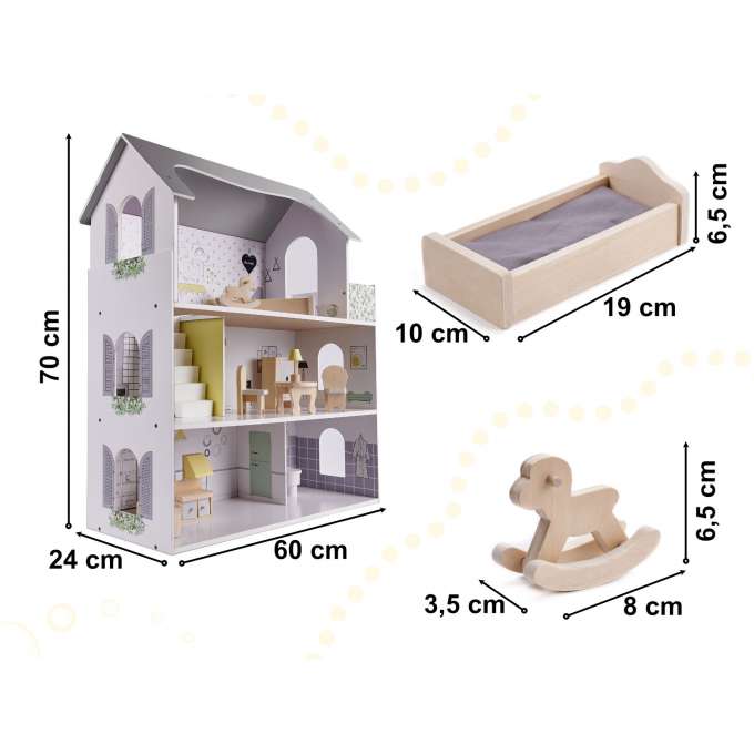 Koka leļļu namiņš + mēbeles 70cm pelēkas