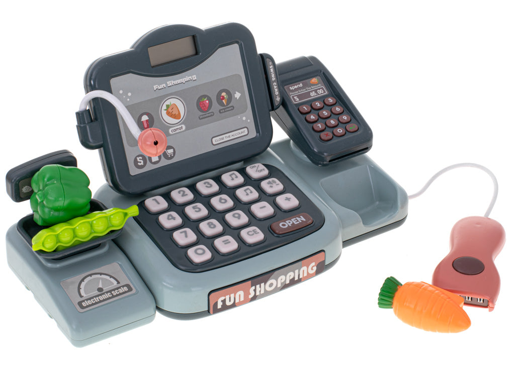 Rotaļu kases aparāts ar iepirkumu grozu un termināli | EcoToys