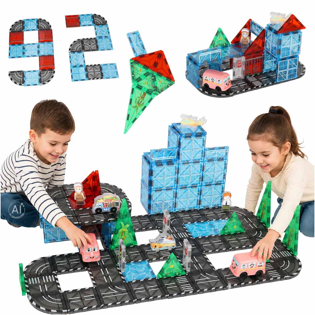 3D magnētiskie konstruktoru klucīši „Pilsēta un automašīnas“ – 91 detaļa | EcoToys