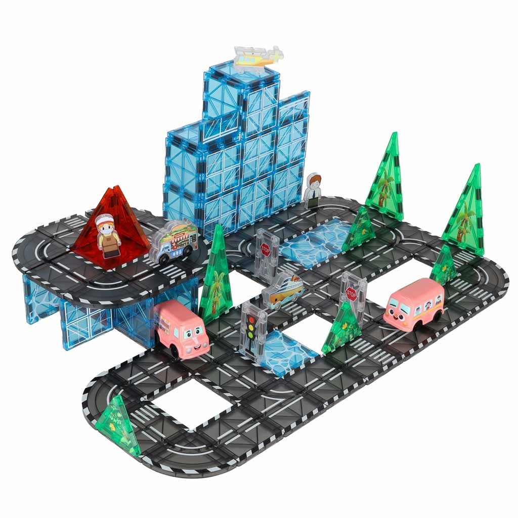 3D magnētiskie konstruktoru klucīši „Pilsēta un automašīnas“ – 91 detaļa | EcoToys