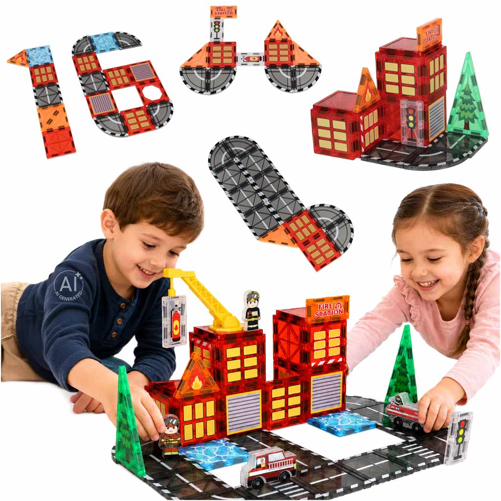 3D magnētiskie konstrukciju klucīši „Ugunsdzēsēji“ – 48 elementi | EcoToys