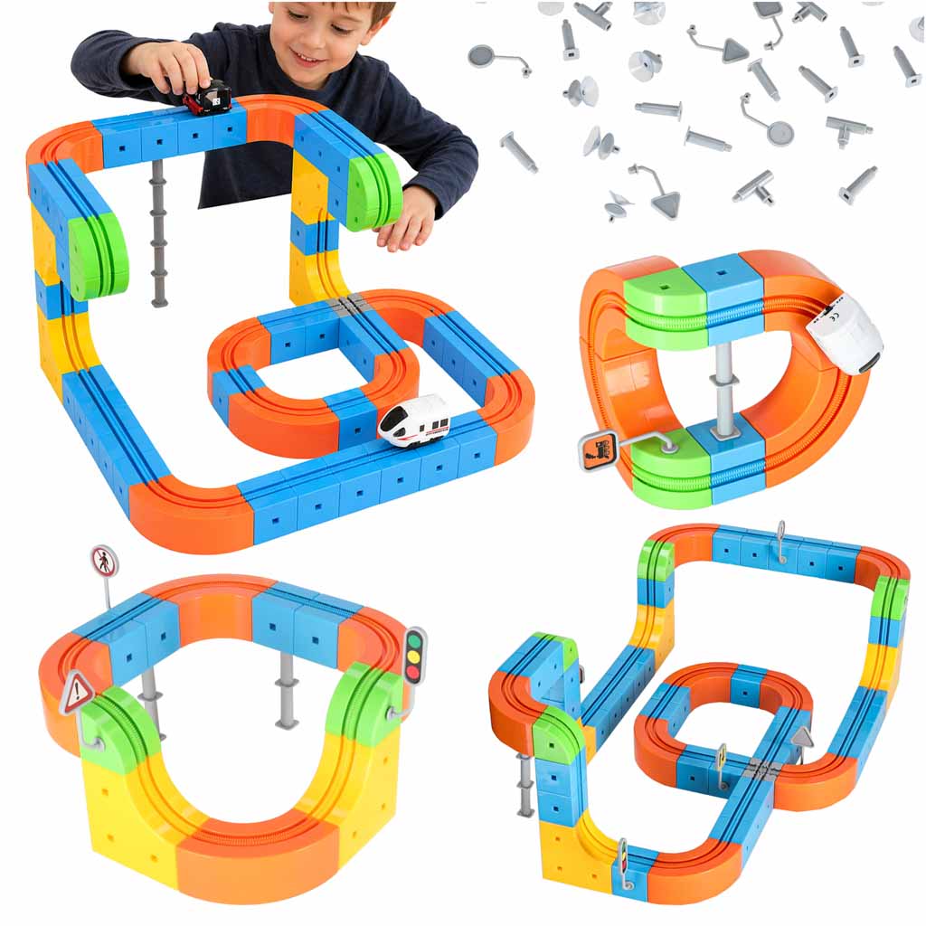 Magnētiskie konstrukcijas klucīši – sacīkšu trase un vilcieni, 100 detaļas | EcoToys