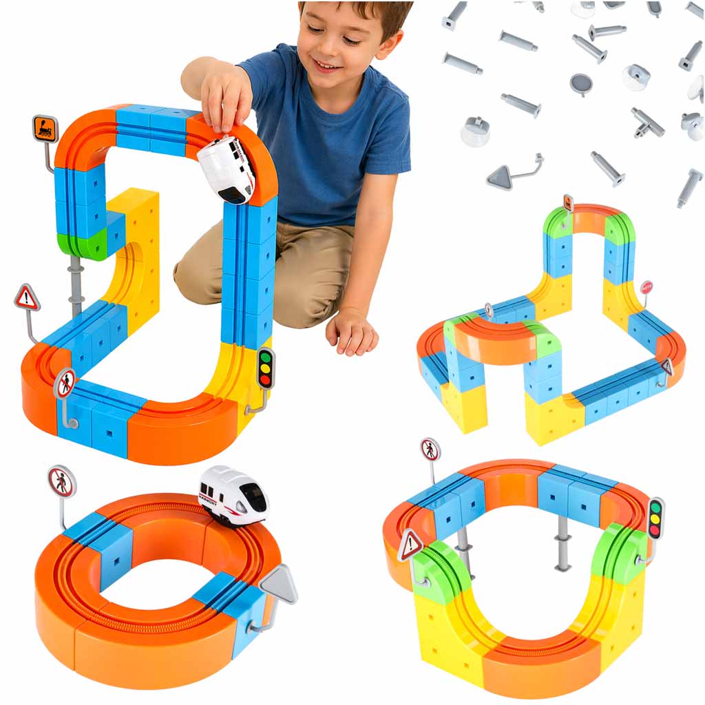 Magnētiskie konstruktoru klucīši – sacīkšu trase un vilciens, 65 detaļas | EcoToys