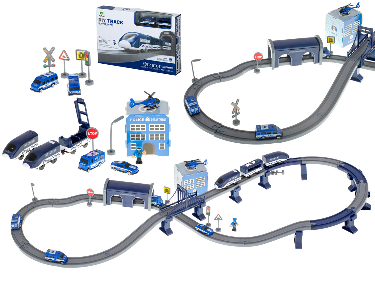 Elektriskais vilciens “Policija” ar sliedēm, mašīnām un helikopteru, 92 el., ~300 cm | EcoToys