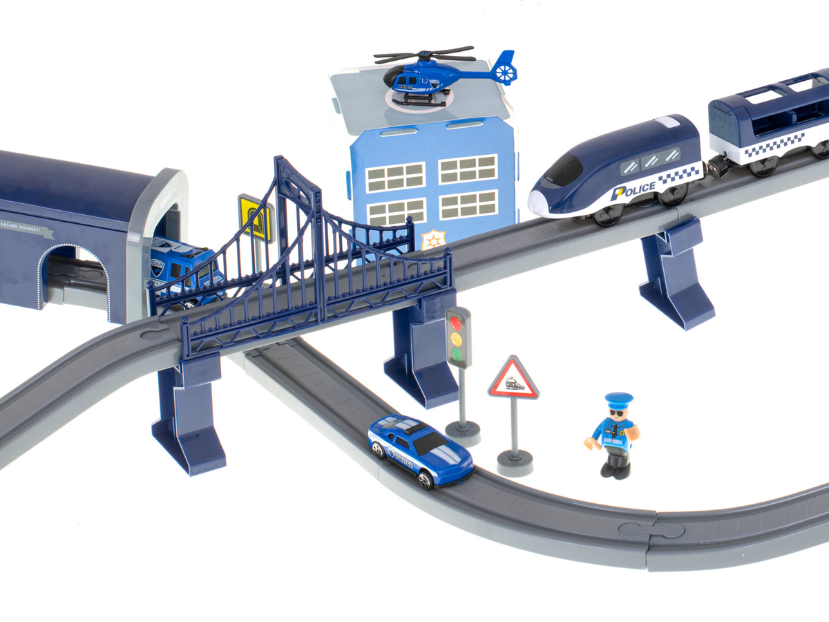 Elektriskais vilciens “Policija” ar sliedēm, mašīnām un helikopteru, 92 el., ~300 cm | EcoToys