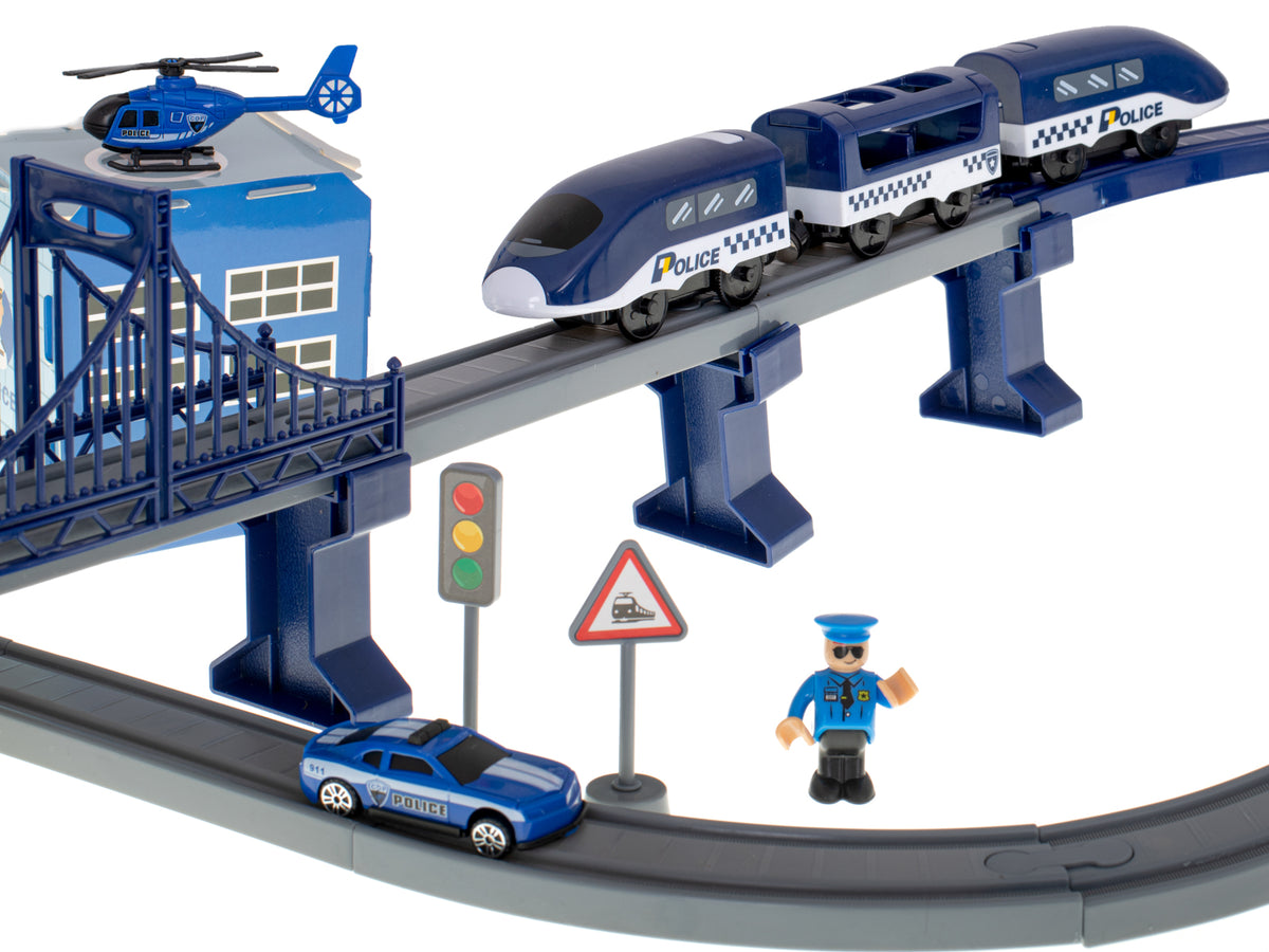 Elektriskais vilciens “Policija” ar sliedēm, mašīnām un helikopteru, 92 el., ~300 cm | EcoToys