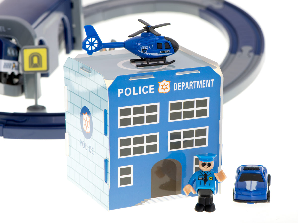 Elektriskais vilciens “Policija” ar sliedēm, mašīnām un helikopteru, 92 el., ~300 cm | EcoToys