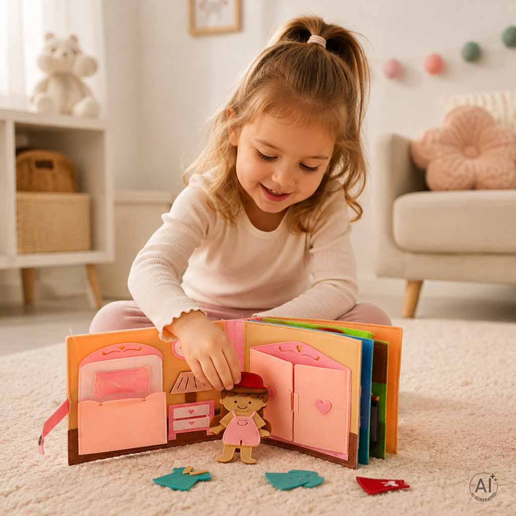 Izglītojoša, sensoriska, filca 3D rotaļlieta ar kustīgiem elementiem – māja | EcoToys