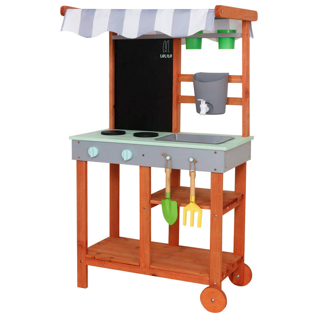 LULILO Sableto koka dubļu virtuve uz riteņiem ar krānu, 116 cm | EcoToys