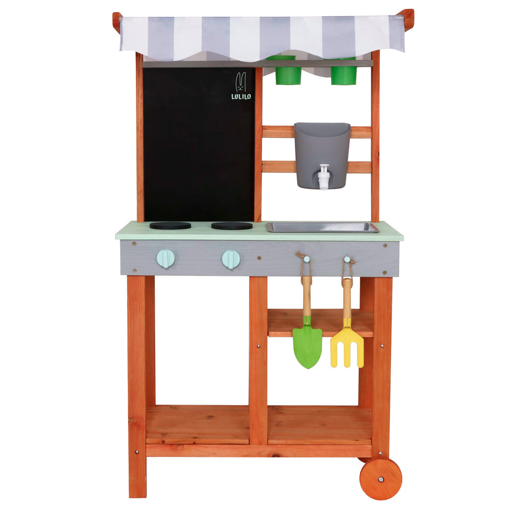 LULILO Sableto koka dubļu virtuve uz riteņiem ar krānu, 116 cm | EcoToys