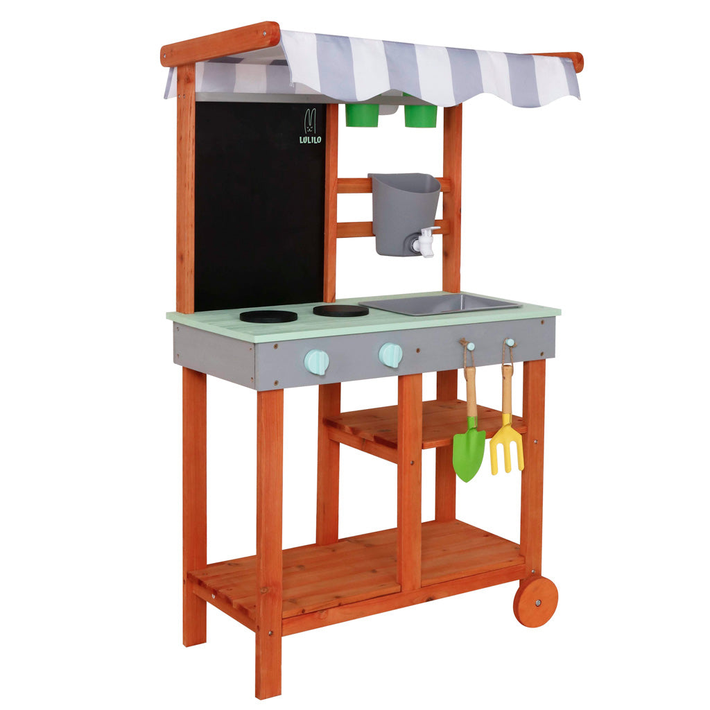 LULILO Sableto koka dubļu virtuve uz riteņiem ar krānu, 116 cm | EcoToys