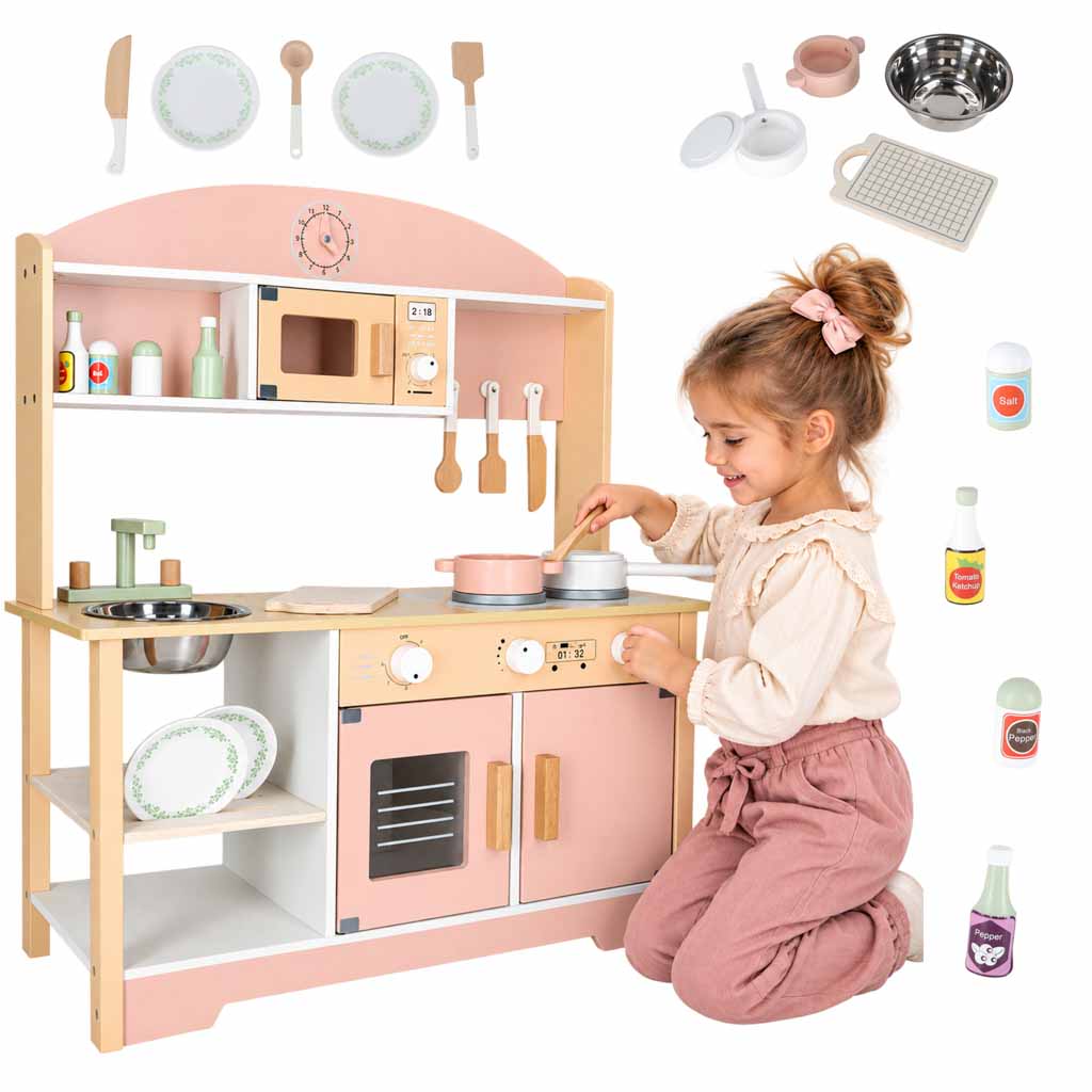 Koka bērnu virtuve MDF MODERN CLASSIC ar piederumiem, 82 cm, rozā | EcoToys