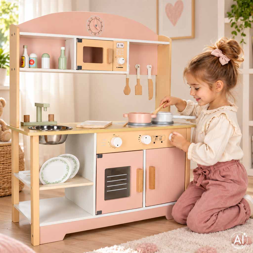 Koka bērnu virtuve MDF MODERN CLASSIC ar piederumiem, 82 cm, rozā | EcoToys