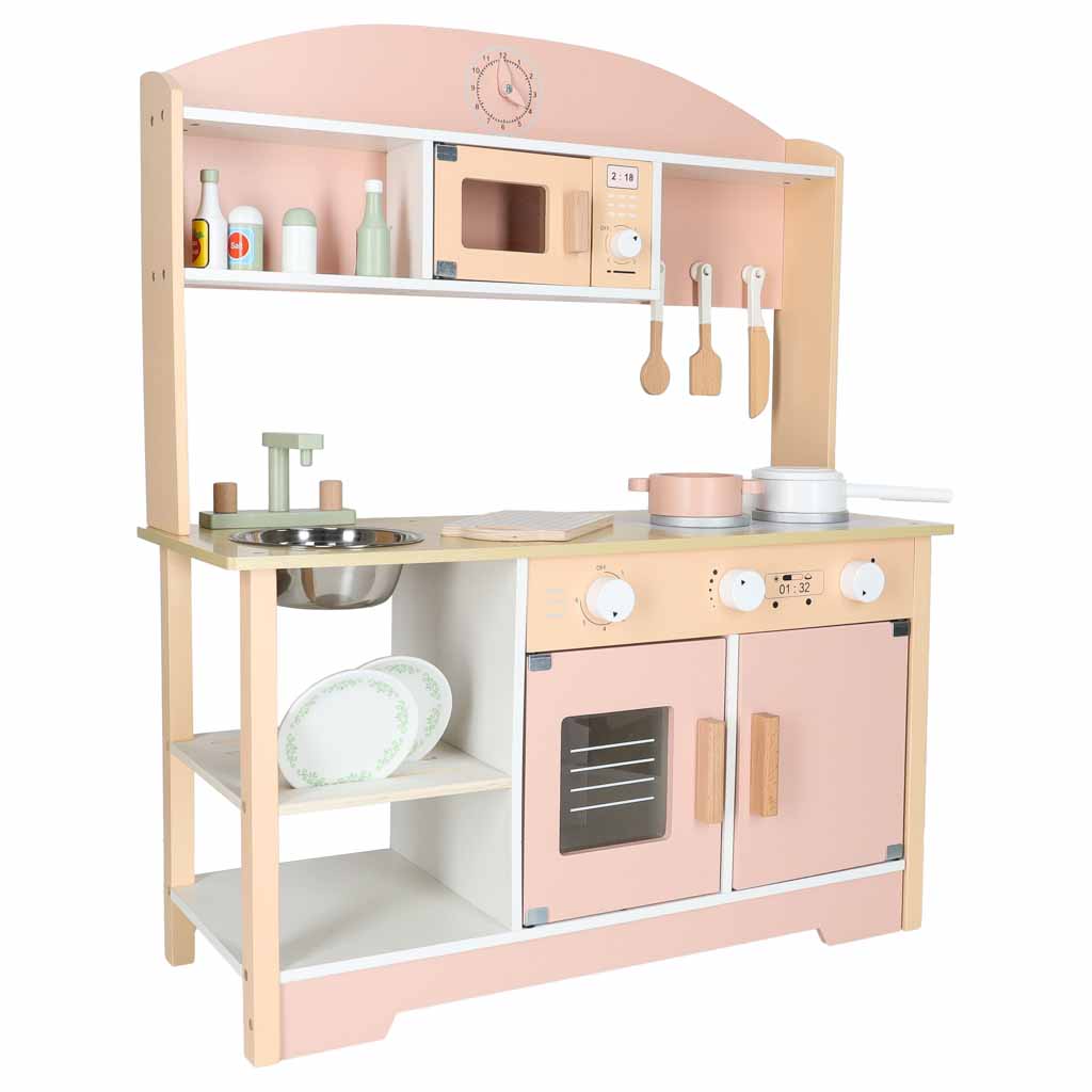 Koka bērnu virtuve MDF MODERN CLASSIC ar piederumiem, 82 cm, rozā | EcoToys