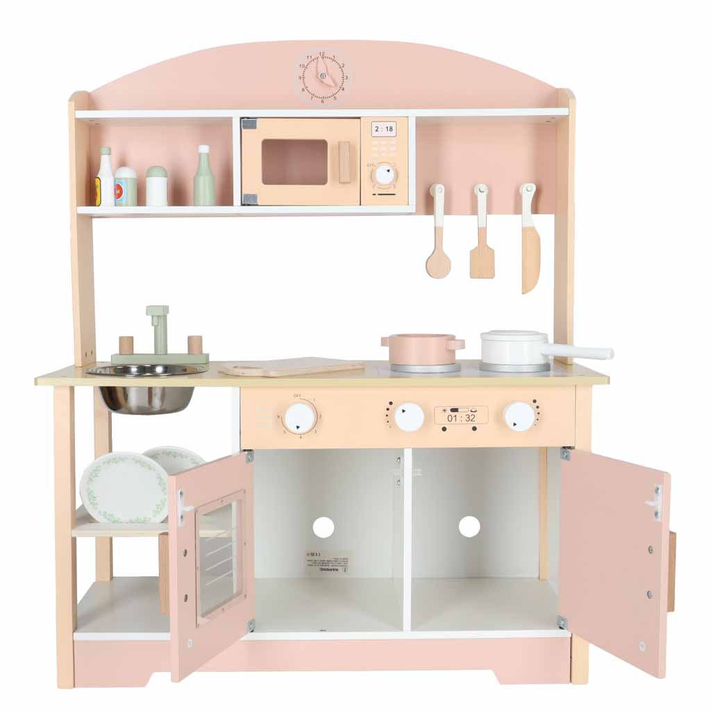 Koka bērnu virtuve MDF MODERN CLASSIC ar piederumiem, 82 cm, rozā | EcoToys