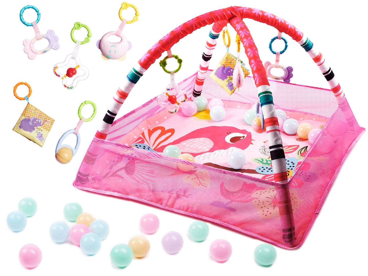 Attīstošais paklājiņš-manēža mazulim ar bumbiņām un arkām, rozā | EcoToys