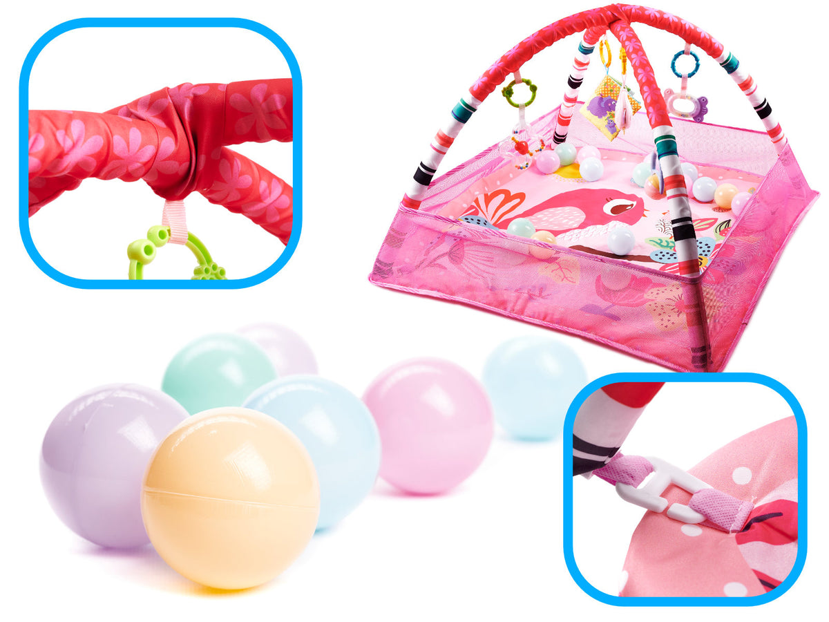Attīstošais paklājiņš-manēža mazulim ar bumbiņām un arkām, rozā | EcoToys