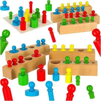 Montessori koka cilindru atsvari krāsaini